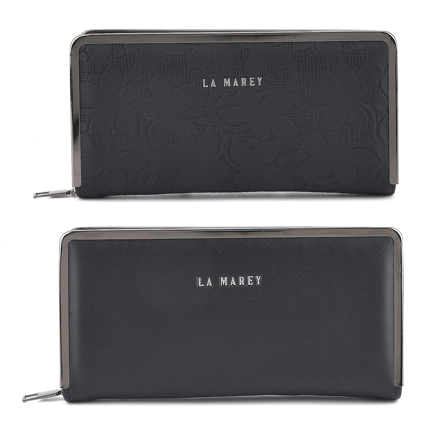 La Marey Set of 2 Black Flower Embossed and Solid Faux Leather RFID Wallet