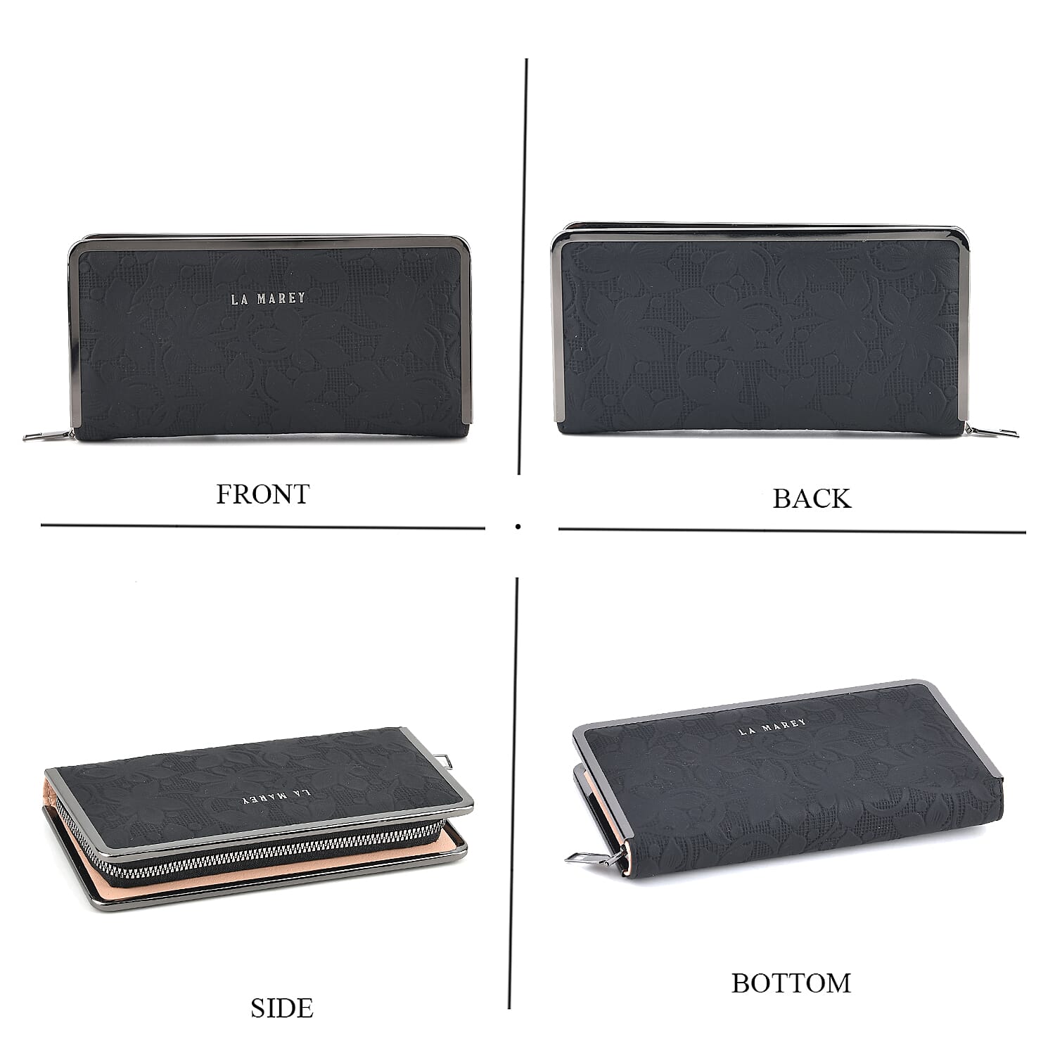 La Marey Set of 2 Black Flower Embossed and Solid Faux Leather RFID Wallet
