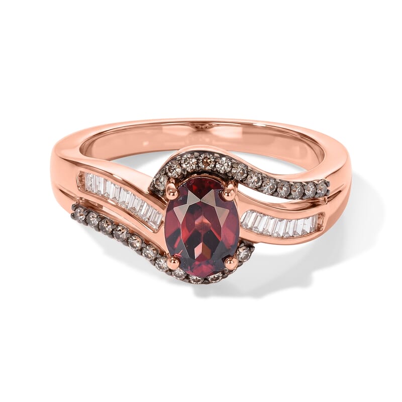 D'Joy AAA Red Zircon and Champagne and White Diamond 1.30 ctw Regal Ribbon Ring in 18K Vermeil Rose Gold Over Sterling Silver (Size 5.0)