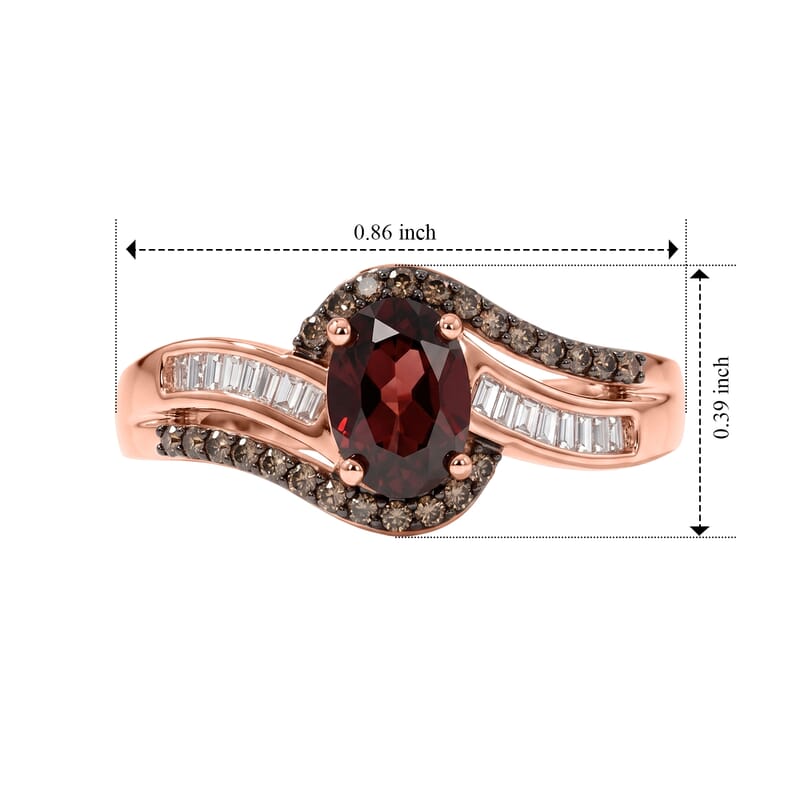 D'Joy AAA Red Zircon and Champagne and White Diamond 1.30 ctw Regal Ribbon Ring in 18K Vermeil Rose Gold Over Sterling Silver (Size 5.0)