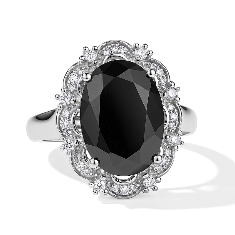 EverTrue Thai Black Spinel and Moissanite 7.65 ctw Crowned Midnight Ring in Platinum Bond (Size 7.0)