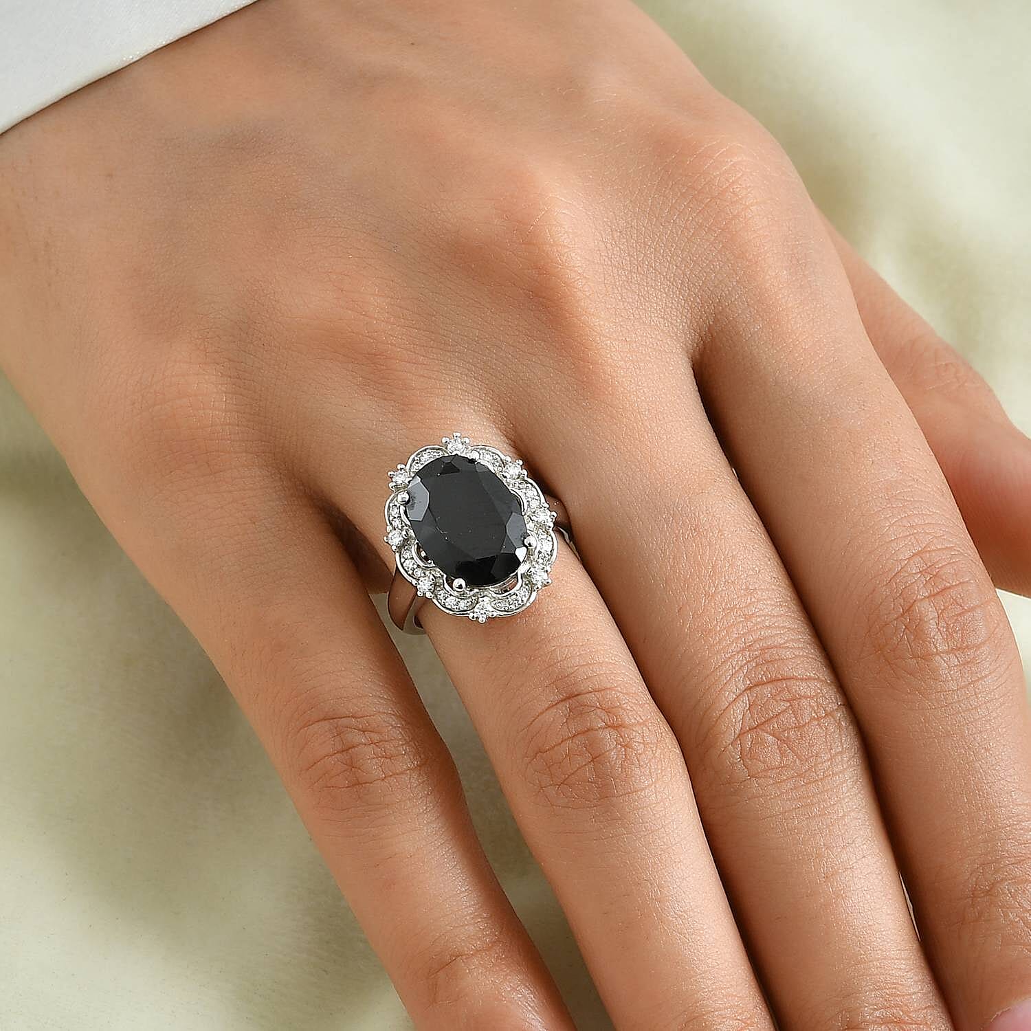 EverTrue Thai Black Spinel and Moissanite 7.65 ctw Crowned Midnight Ring in Platinum Bond (Size 7.0)