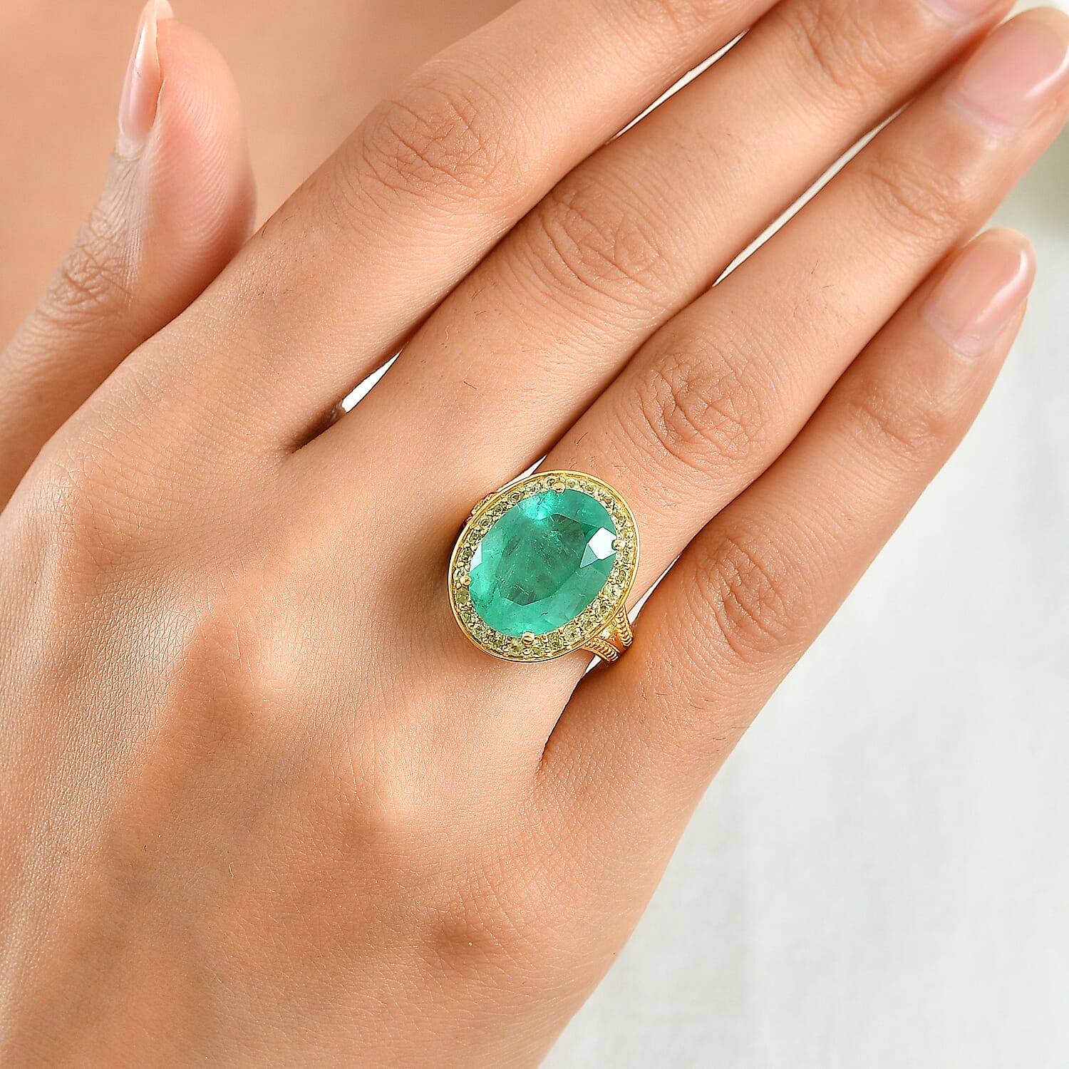 EverTrue Emeraldine Triplet Quartz, Hebei Peridot Ring in 18K YG Plated (Size 5.0) 10.35 ctw