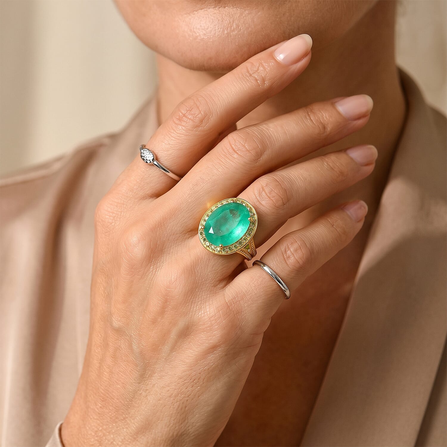 EverTrue Emeraldine Triplet Quartz, Hebei Peridot Ring in 18K YG Plated (Size 5.0) 10.35 ctw