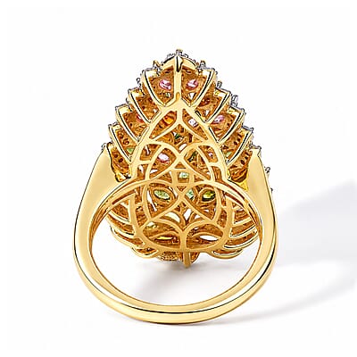 D'Joy Premium Multi-Tourmaline and Moissanite 3.30 ctw Cluster Ring in 18K Vermeil Yellow Gold Over Sterling Silver (Size 5.0)