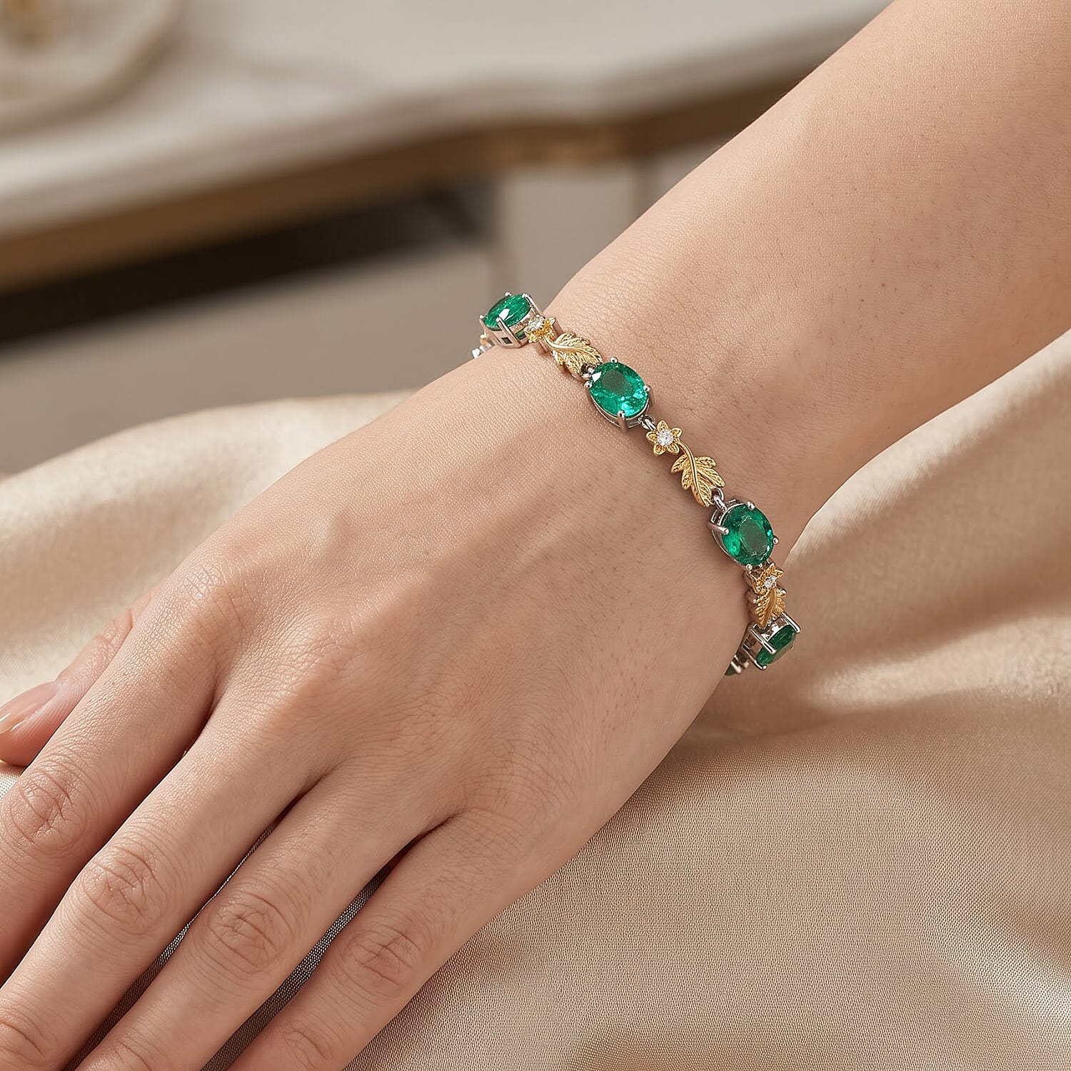 EverTrue Emeraldine Quartz (Triplet) and White Zircon 11.10 ctw Motif Linked Bracelet in 18K YG Plated and Platinum Bond (6.50 In)