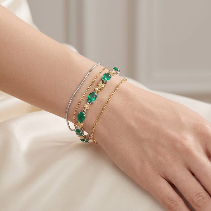 EverTrue Emeraldine Quartz (Triplet) and White Zircon 11.10 ctw Motif Linked Bracelet in 18K YG Plated and Platinum Bond (6.50 In)