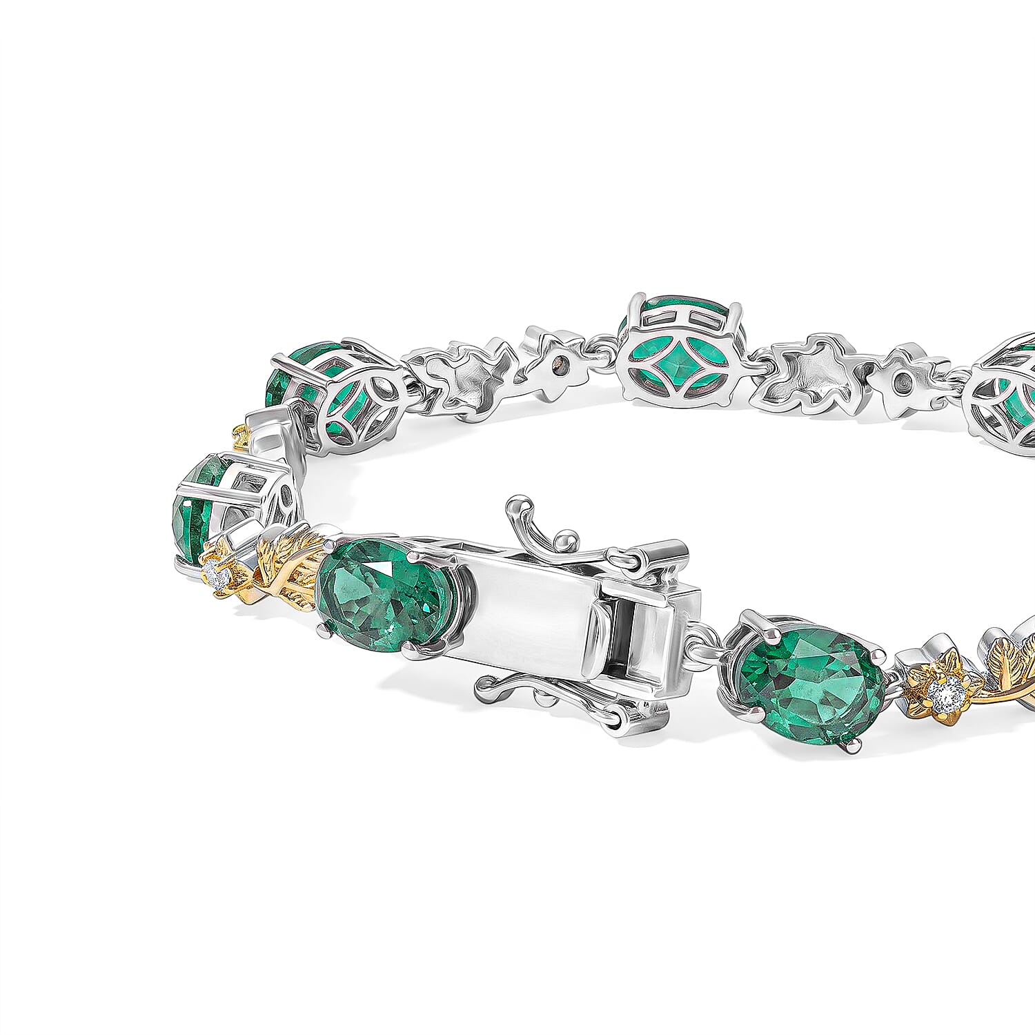 EverTrue Emeraldine Quartz (Triplet) and White Zircon 11.10 ctw Motif Linked Bracelet in 18K YG Plated and Platinum Bond (6.50 In)