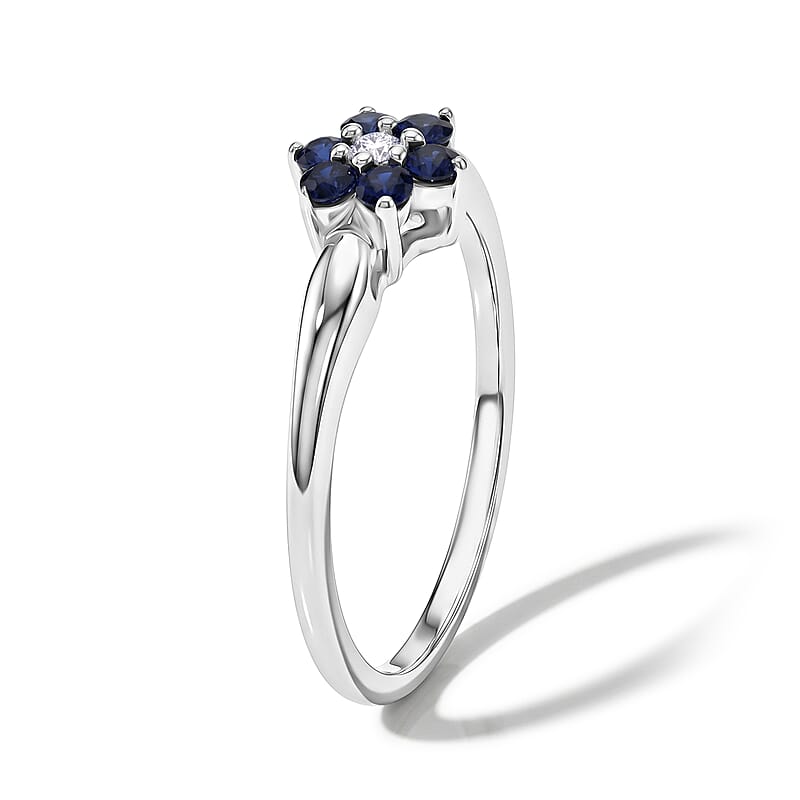 Simulated Blue and White Diamond Flower Ring in Sterling Silver (Size 7.0)