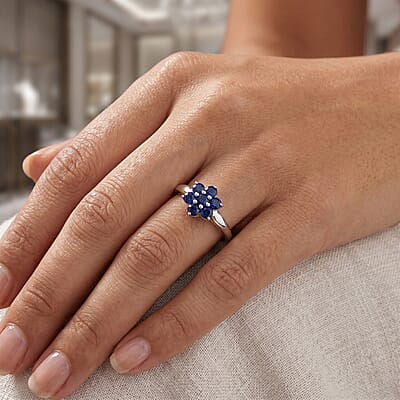 Simulated Blue and White Diamond Flower Ring in Sterling Silver (Size 8.0)