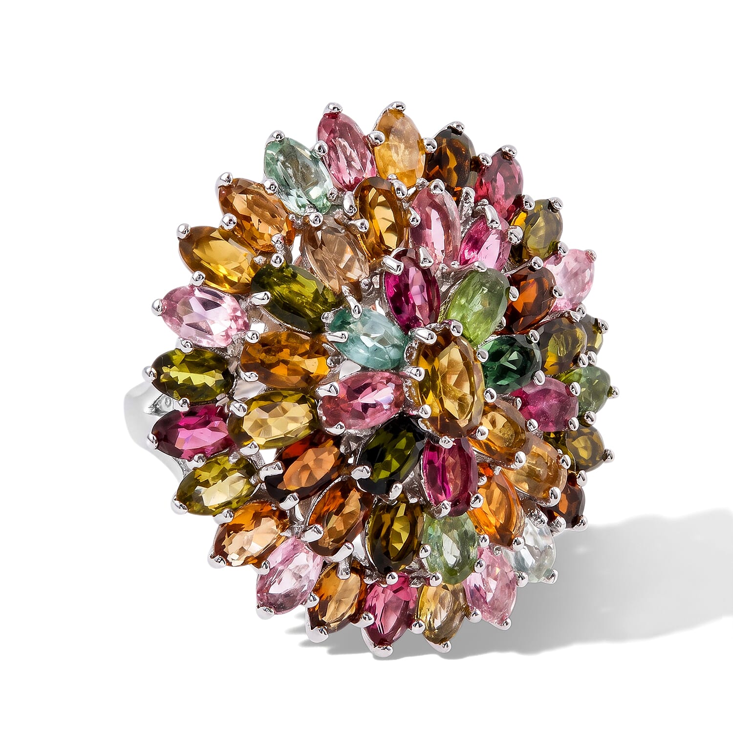 D'Joy Premium Multi-Tourmaline 11.10 ctw The Rainbow Bloom Ring in Rhodium Over Sterling Silver (Size 6.0)