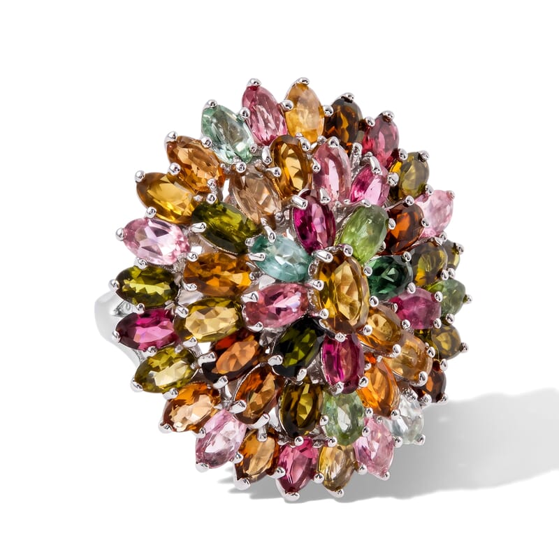 D'Joy Premium Multi-Tourmaline 11.10 ctw The Rainbow Bloom Ring in Rhodium Over Sterling Silver (Size 6.0)