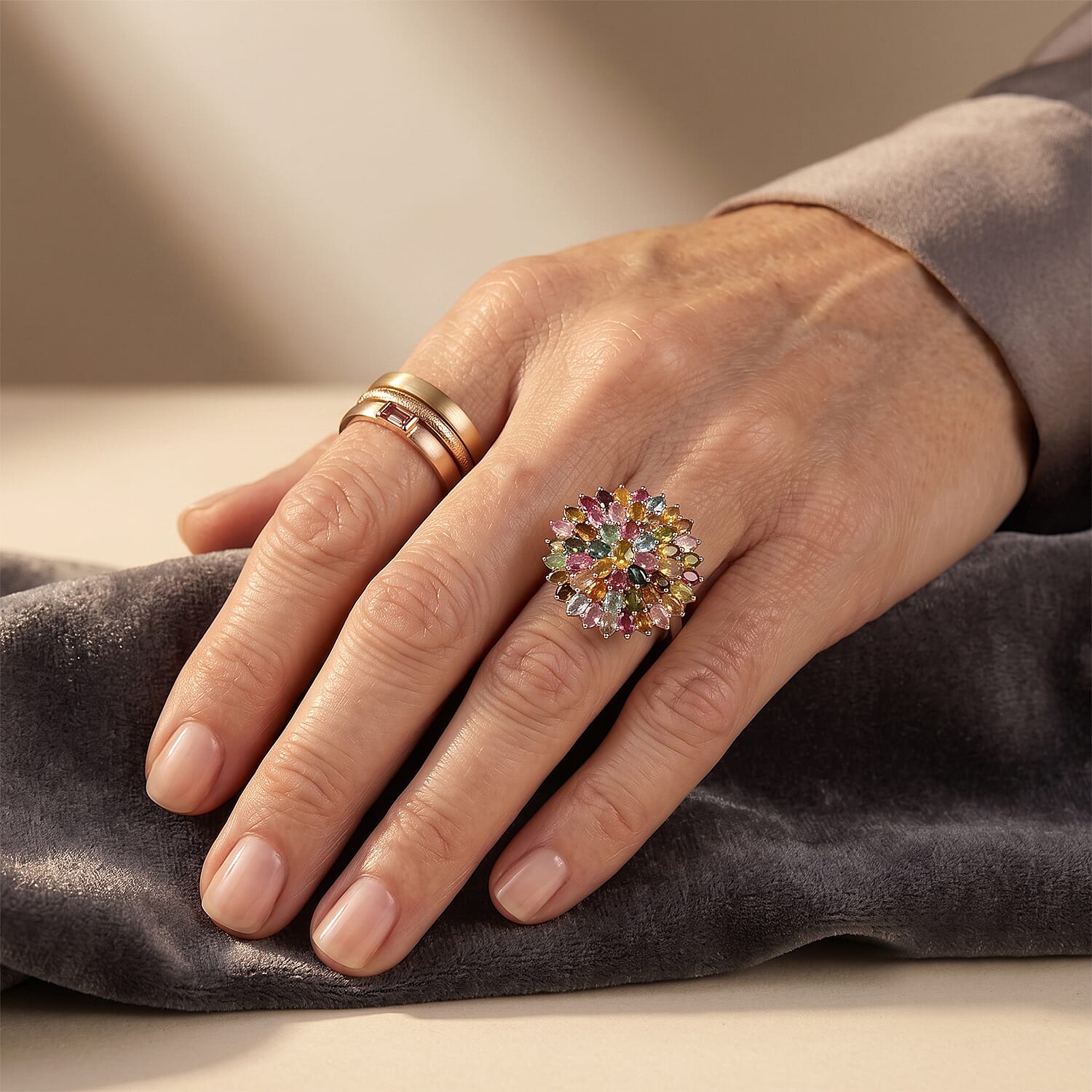 D'Joy Premium Multi-Tourmaline 11.10 ctw The Rainbow Bloom Ring in Rhodium Over Sterling Silver (Size 6.0)