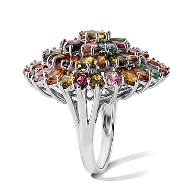 D'Joy Premium Multi-Tourmaline 11.10 ctw The Rainbow Bloom Ring in Rhodium Over Sterling Silver (Size 6.0)