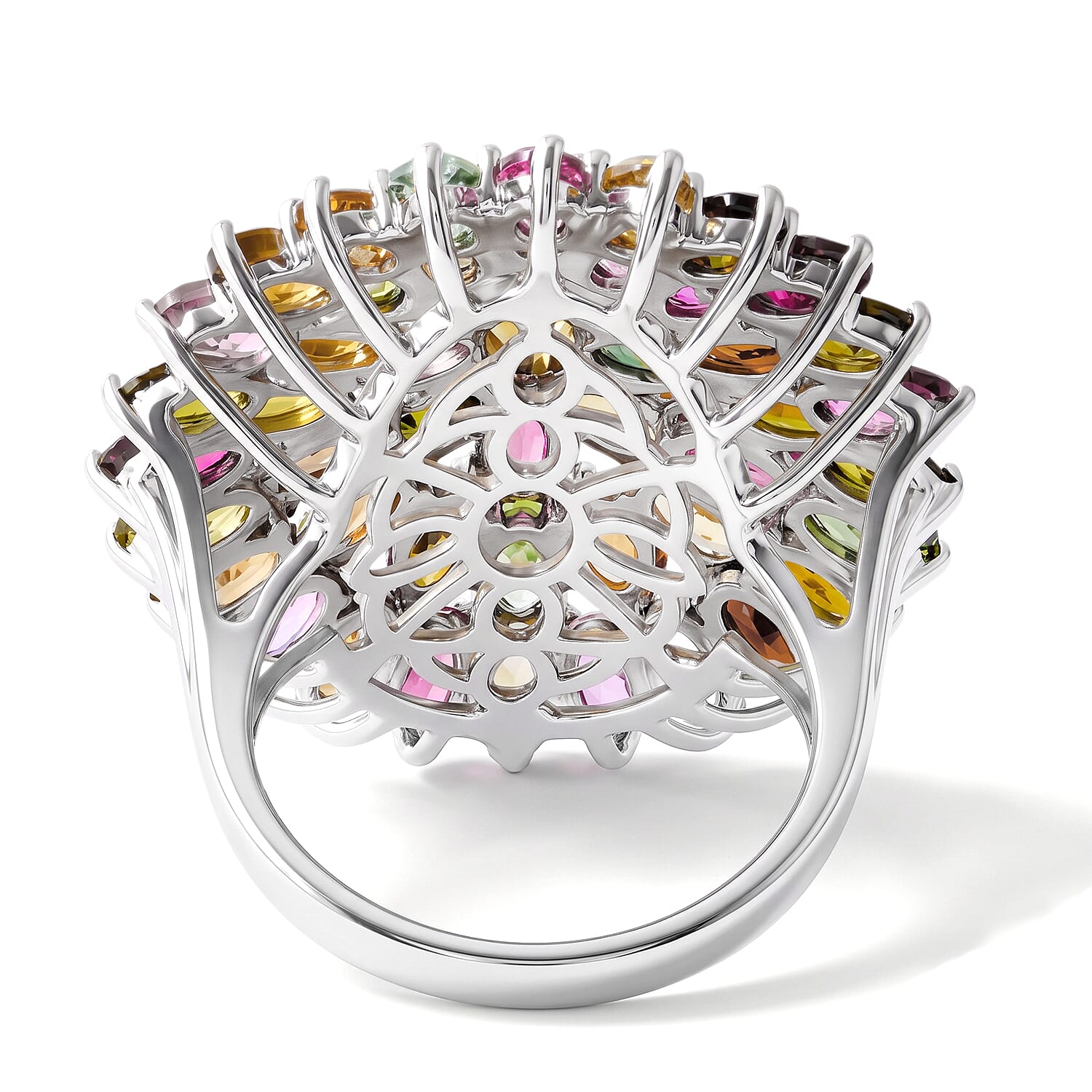 D'Joy Premium Multi-Tourmaline 11.10 ctw The Rainbow Bloom Ring in Rhodium Over Sterling Silver (Size 6.0)