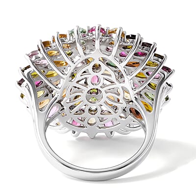 D'Joy Premium Multi-Tourmaline 11.10 ctw The Rainbow Bloom Ring in Rhodium Over Sterling Silver (Size 6.0)