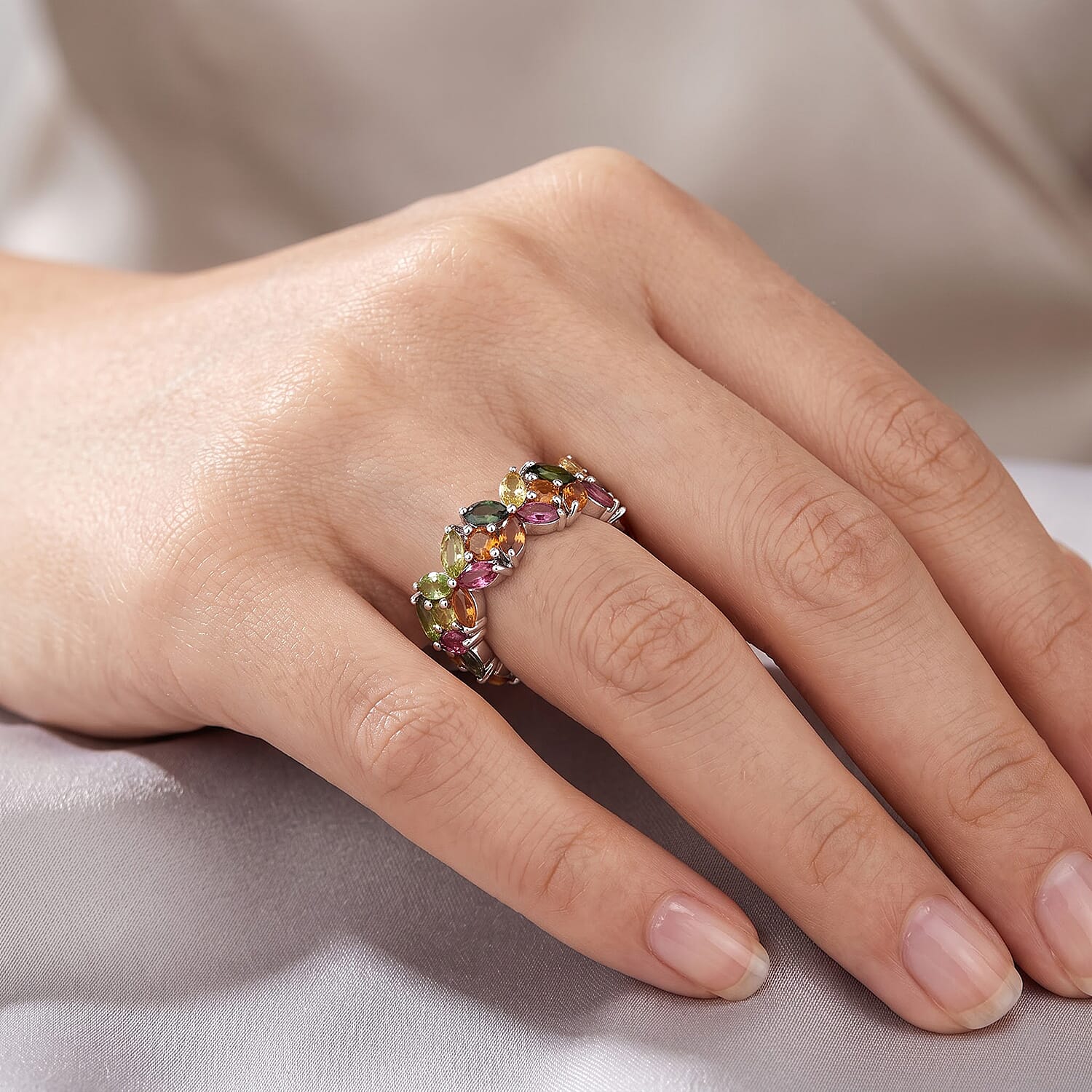 D'Joy Premium Multi-Tourmaline 3.50 ctw The Eternal Bloom Ring in Rhodium Over Sterling Silver (Size 6.0)
