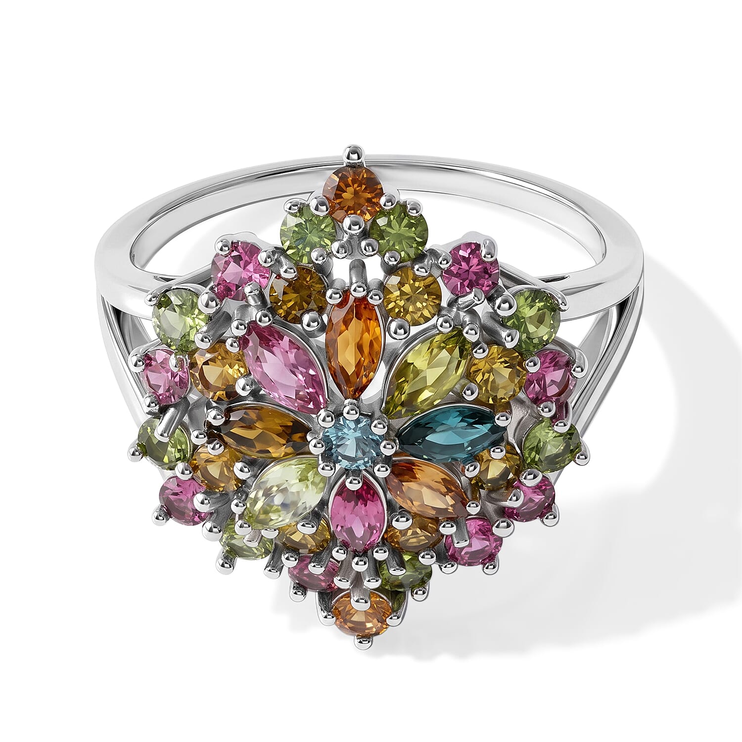 D'Joy Premium Multi-Tourmaline 2.70 ctw Ring in Rhodium Over Sterling Silver (Size 6.0)