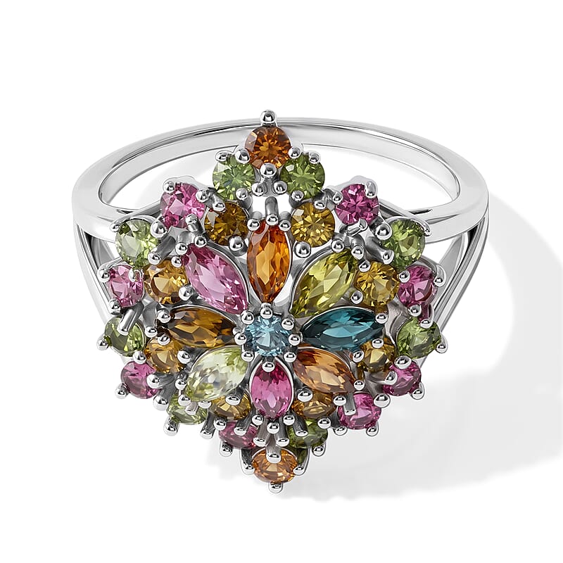 D'Joy Premium Multi-Tourmaline 2.70 ctw Ring in Rhodium Over Sterling Silver (Size 6.0)