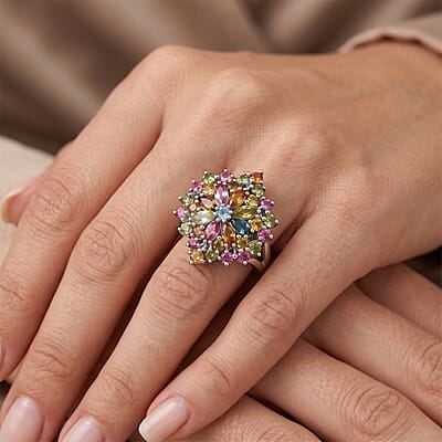 D'Joy Premium Multi-Tourmaline 2.70 ctw Ring in Rhodium Over Sterling Silver (Size 6.0)