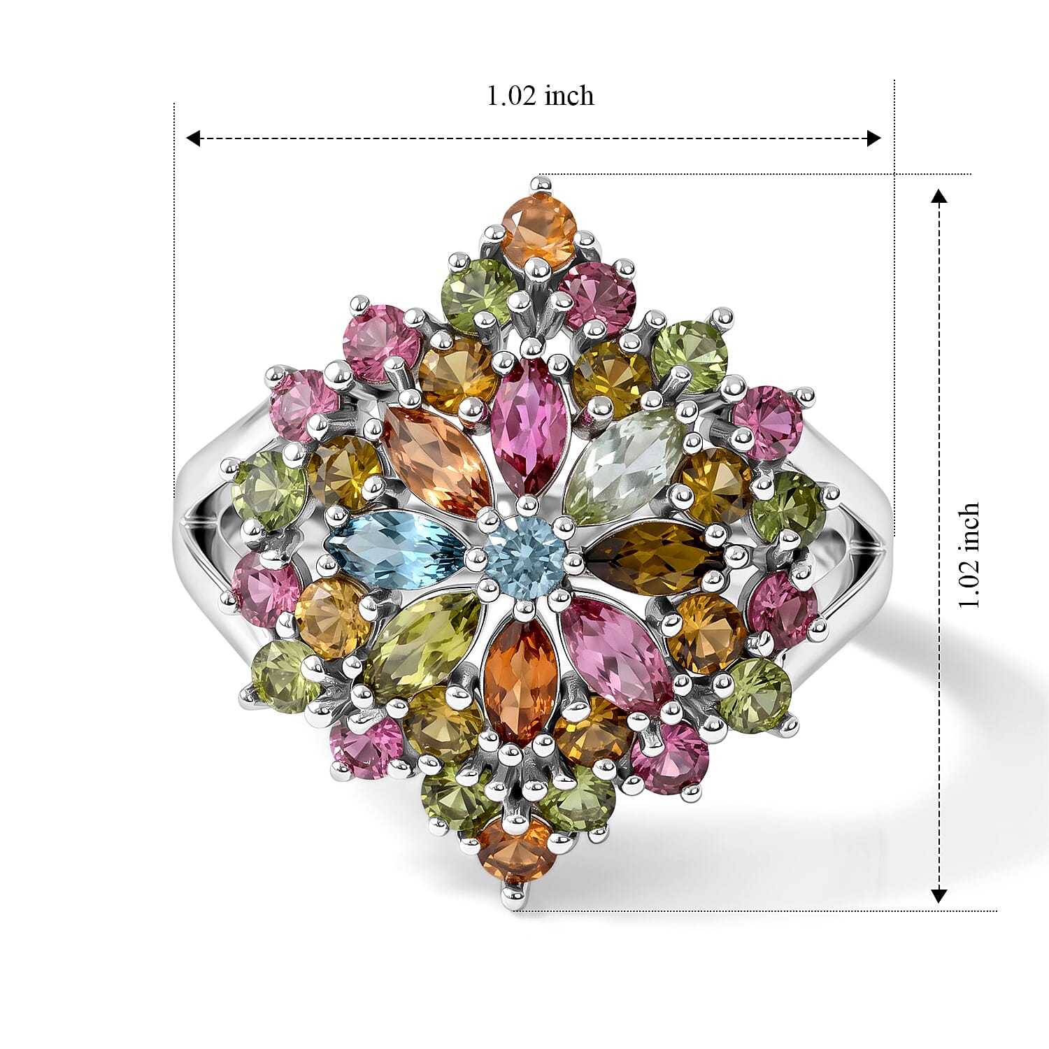 D'Joy Premium Multi-Tourmaline 2.70 ctw Ring in Rhodium Over Sterling Silver (Size 6.0)