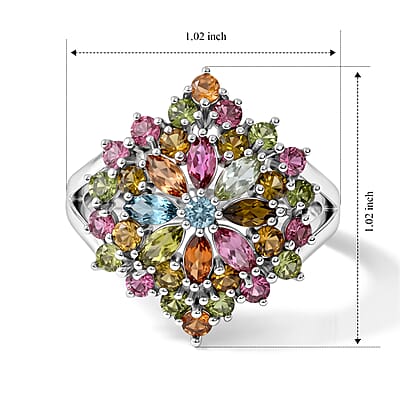 D'Joy Premium Multi-Tourmaline 2.70 ctw Ring in Rhodium Over Sterling Silver (Size 6.0)