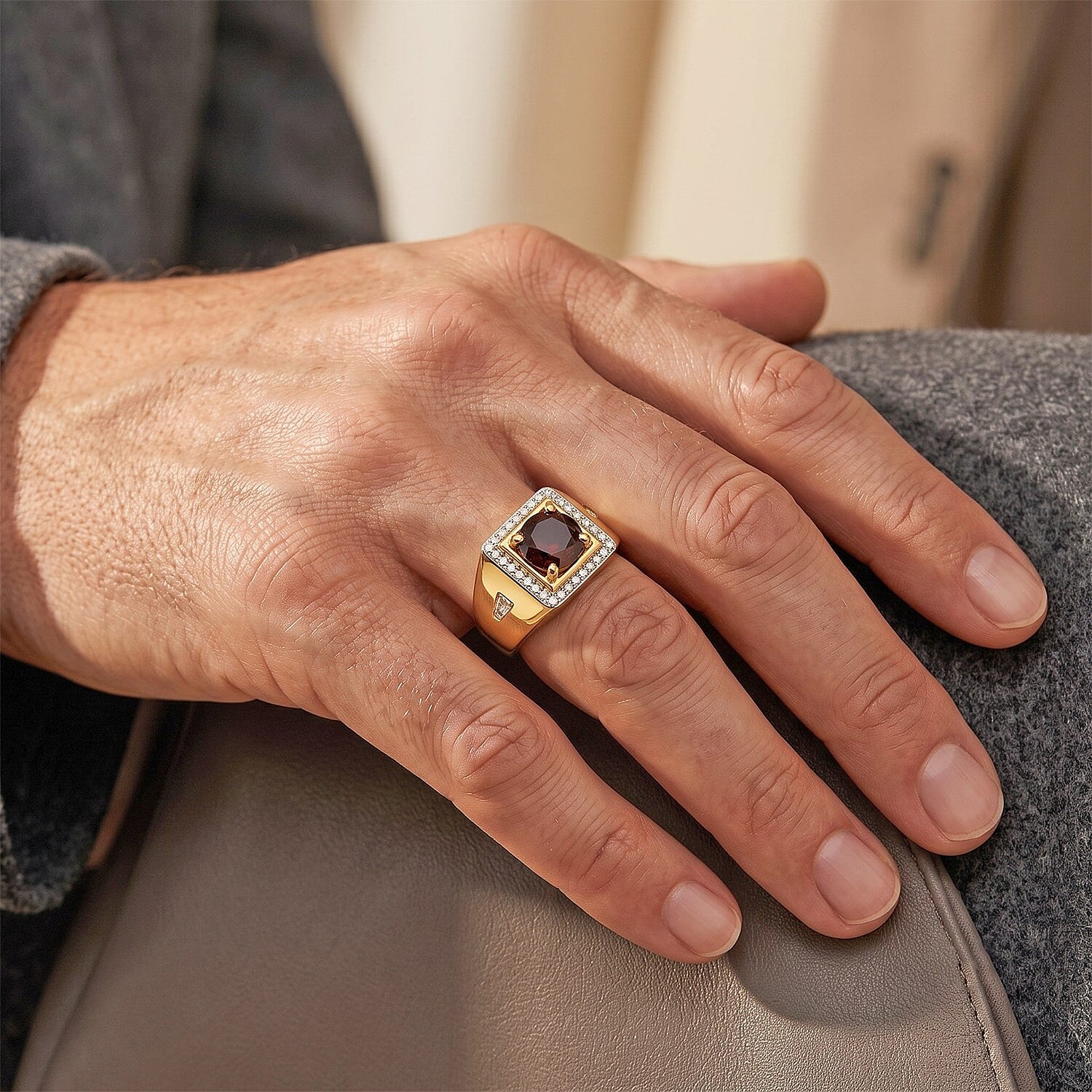 D'Joy AAA Red Zircon and Moissanite 1.60 ctw Men's Ring in 18K Vermeil Yellow Gold Over Sterling Silver (Size 10.0)