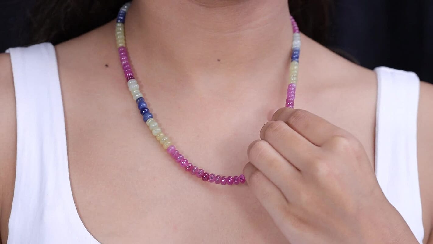 D'Joy Natural Multi Sapphire Beaded Necklace (18 Inches) in Rhodium Over Sterling Silver 144.00 ctw