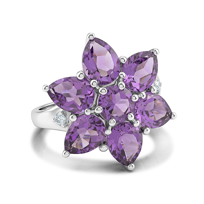 Amethyst and Simulated Diamond 5.75 ctw Large Flower Ring in Sterling Silver (Size 9.0)