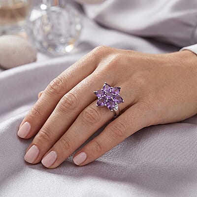 Amethyst and Simulated Diamond 5.75 ctw Large Flower Ring in Sterling Silver (Size 9.0)