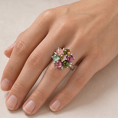 Multi-Tourmaline 2.45 ctw Flower Ring Sterling Silver (Size 9.0)