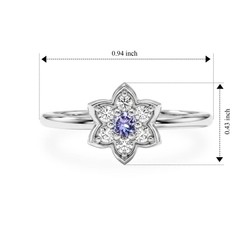 Simulated Blue and White Diamond Flower Ring Sterling Silver (Size 7.0)