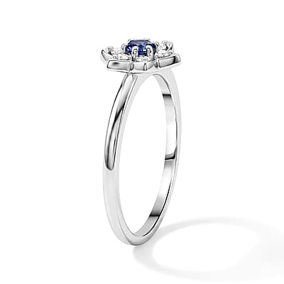 Simulated Blue and White Diamond Flower Ring Sterling Silver (Size 8.0)