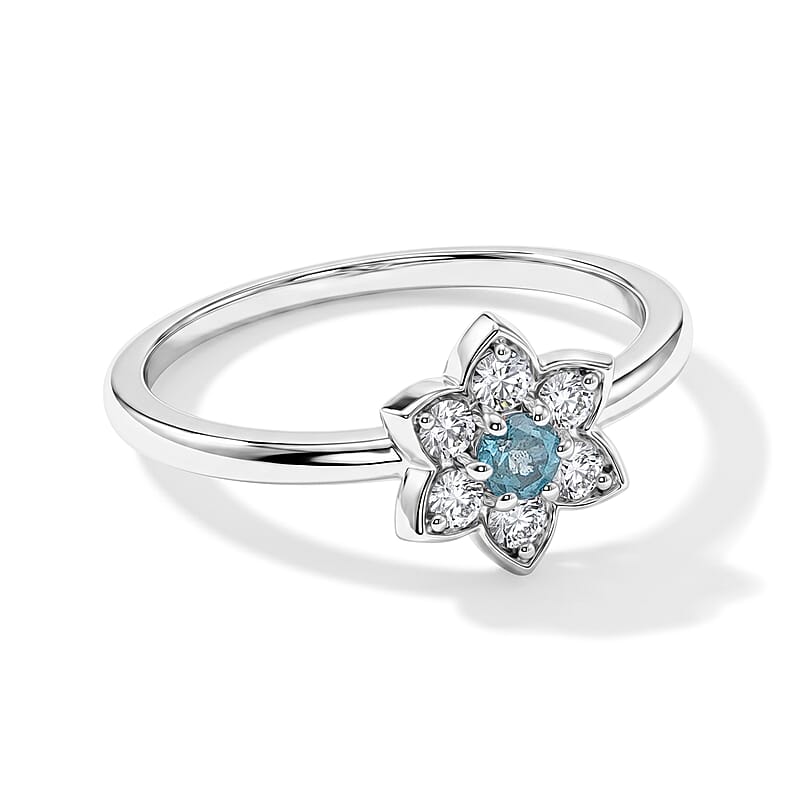 Simulated Blue and White Diamond Flower Ring Sterling Silver (Size 7.0)