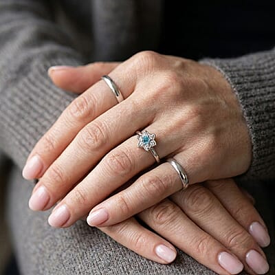 Simulated Blue and White Diamond Flower Ring Sterling Silver (Size 7.0)