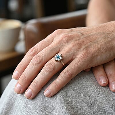 Simulated Blue and White Diamond Flower Ring Sterling Silver (Size 9.0)