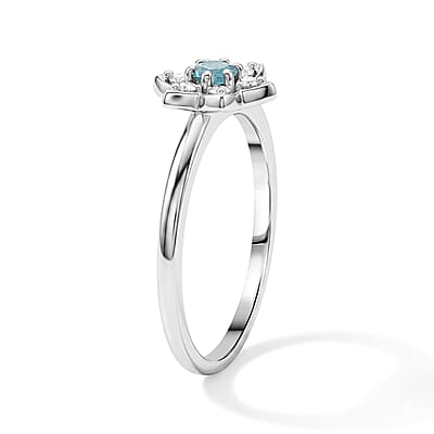 Simulated Blue and White Diamond Flower Ring Sterling Silver (Size 9.0)