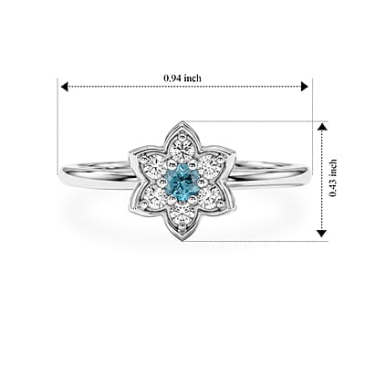 Simulated Blue and White Diamond Flower Ring Sterling Silver (Size 9.0)