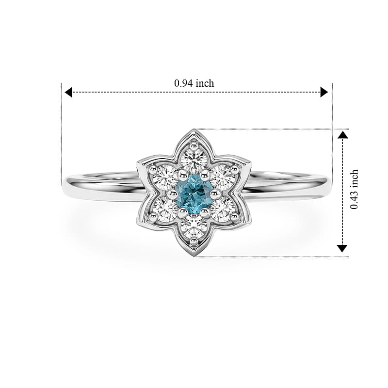 Simulated Blue and White Diamond Flower Ring Sterling Silver (Size 9.0)