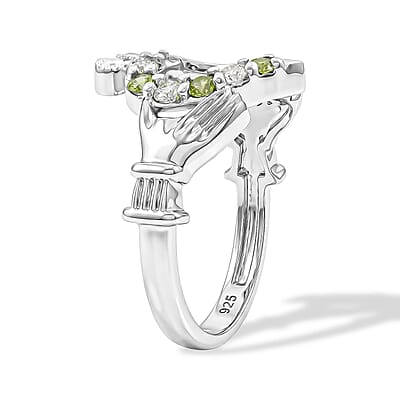 Simulated Green and White Diamond Claddaagh Ring Sterling Silver (Size 5.0)