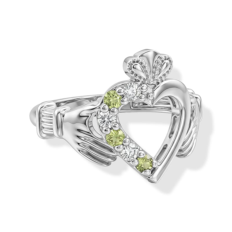 Simulated Green and White Diamond Claddaagh Ring Sterling Silver (Size 8.0)