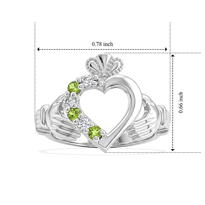 Simulated Green and White Diamond Claddaagh Ring Sterling Silver (Size 8.0)
