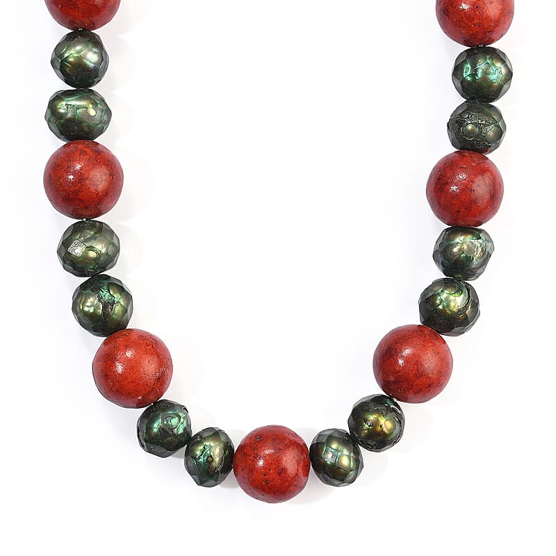 EverTrue Green Pearl (D) and Sponge Coral 175.00 ctw Necklace (18-19 Inches) in Platinum Bond