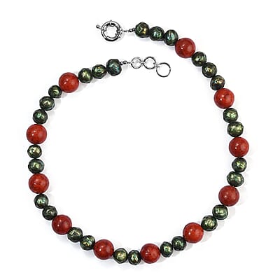 EverTrue Green Pearl (D) and Sponge Coral 175.00 ctw Necklace (18-19 Inches) in Platinum Bond