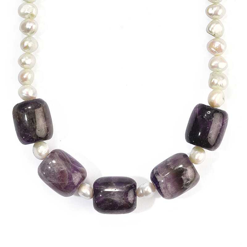 EverTrue Pearl (D) and Bi-Color Amethyst 145.00 ctw Necklace (18-19 Inches) in Platinum Bond
