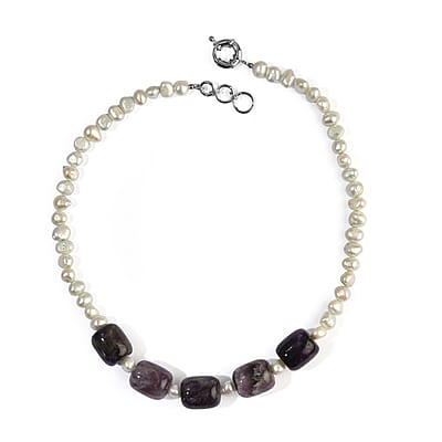 EverTrue Pearl (D) and Bi-Color Amethyst 145.00 ctw Necklace (18-19 Inches) in Platinum Bond
