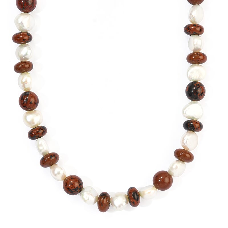 EverTrue Mahagooni Jasper 95.00 ctw and Freshwater Pearl Necklace in Platinum Bond 18-19 Inches