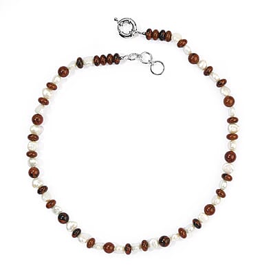 EverTrue Mahagooni Jasper 95.00 ctw and Freshwater Pearl Necklace in Platinum Bond 18-19 Inches