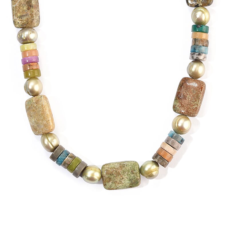 EverTrue Green Pearl (D) and Multi Gemstone 200.00 ctw Necklace in Platinum Bond 18-19 Inches