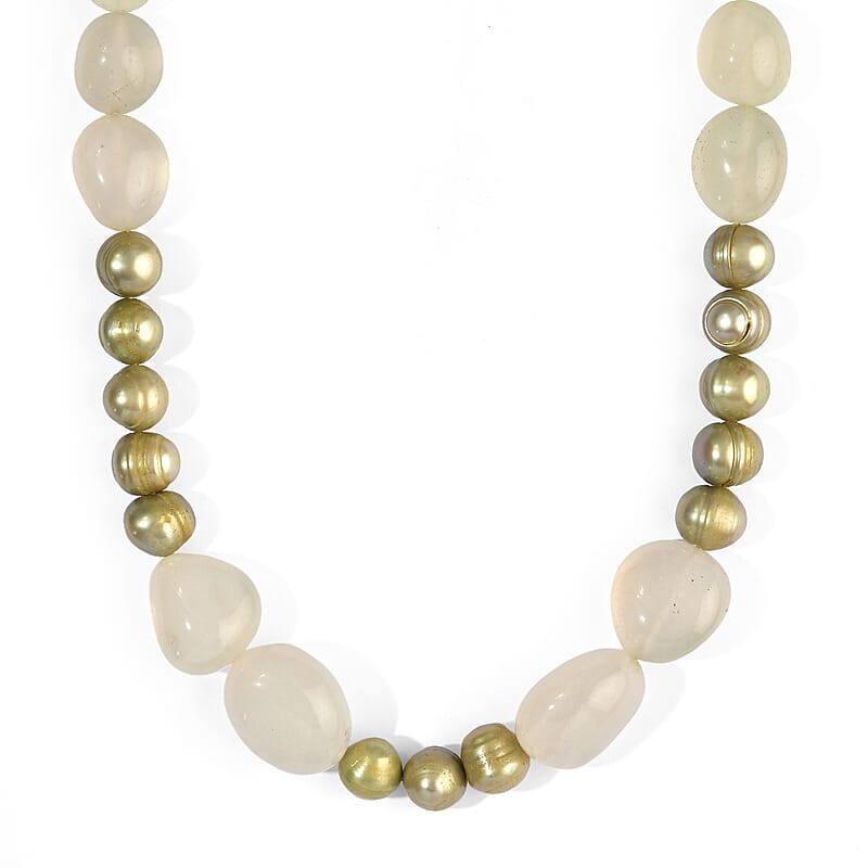 EverTrue Green Chalcedony 180.00 ctw and Green Pearl (D) Necklace in Platinum Bond 18-19 Inches